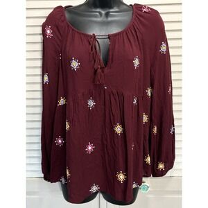 Old Navy Burgundy/Multi Diamond Long Sleeve Tie/Tassel‎ NeckBlouse Size M Flowy